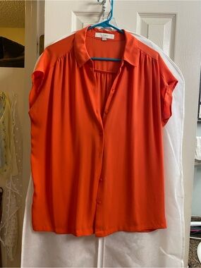 LOFT Orange Short-Sleeve Button Down Blouse